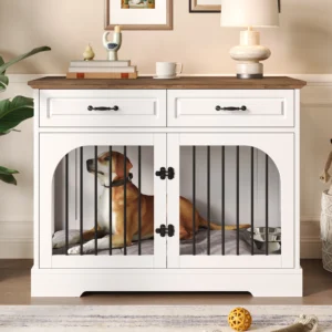 43.3 Farmhouse Dog Crate Furniture, Wooden Dog Kennel With 2 Storage Drawers And Rotating