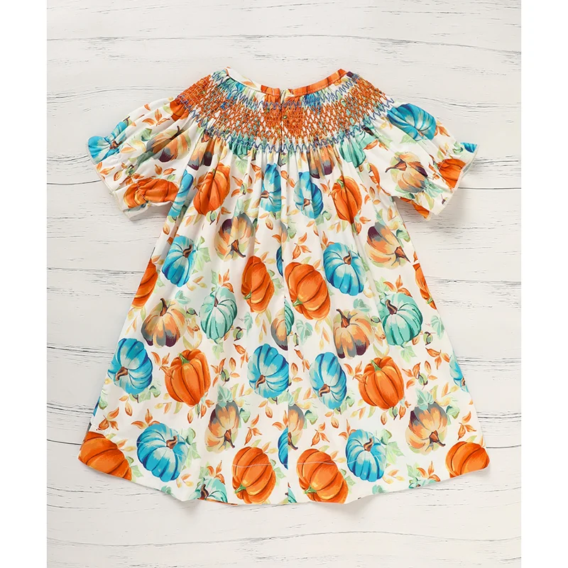 Toddler Baby Girl Pumpkin Smocked Dress Fall Thanksgiving Halloween Embroidered Princess