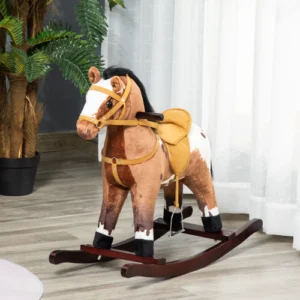 Qaba Kids Metal Plush Ride-On Rocking Horse Chair Toy With Realistic Sounds - Dark Brown