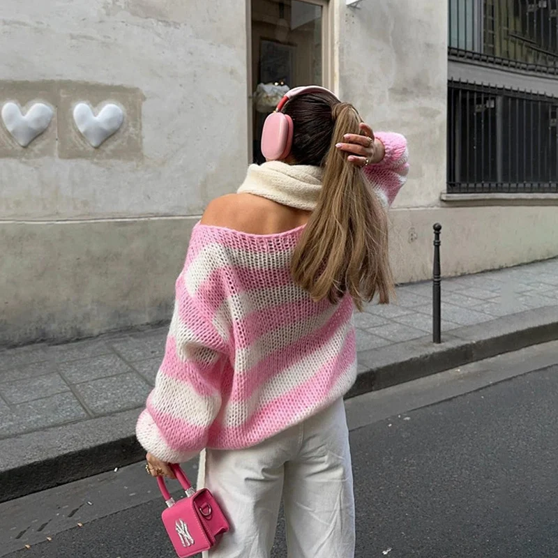 Loose Striped Pullover Sweater Fashion Versatile Long-sleeved Knitted Tops For Women