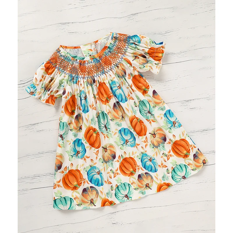 Toddler Baby Girl Pumpkin Smocked Dress Fall Thanksgiving Halloween Embroidered Princess