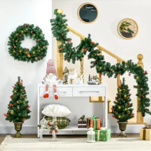 HOMCOM Prelit Holiday Christmas 4-Piece Set, Garland Wreath And Set Of 2 Entrance Trees