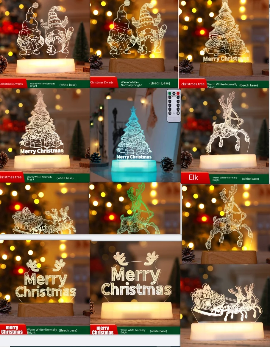 Christmas Decoration 3D Lamp Acrylic LED Night Lights New Year Valentines Day Christmas