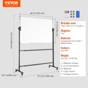 VEVOR Rolling Whiteboard, 48x32 Inch Double-Sided Magnetic Mobile Whiteboard, Reversible