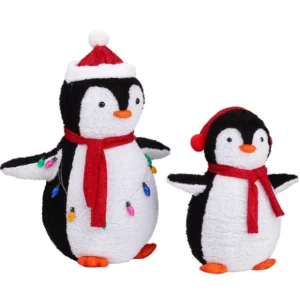 2-Piece Lighted Plush Penguins Christmas Yard Decorations, Set Of 2 Pre-lit Pull Up