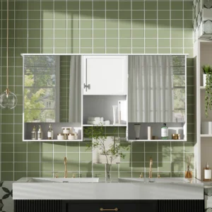 55 Inch Wall-Mount 3-in-1 Mirror Cabinet With Adjustable Shelf, Soft-Closing Hinges