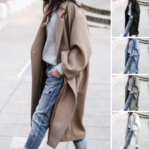 Casual Long Jacket With Pockets Solid Color Single Breasted Lapel Woolen Coat For Women