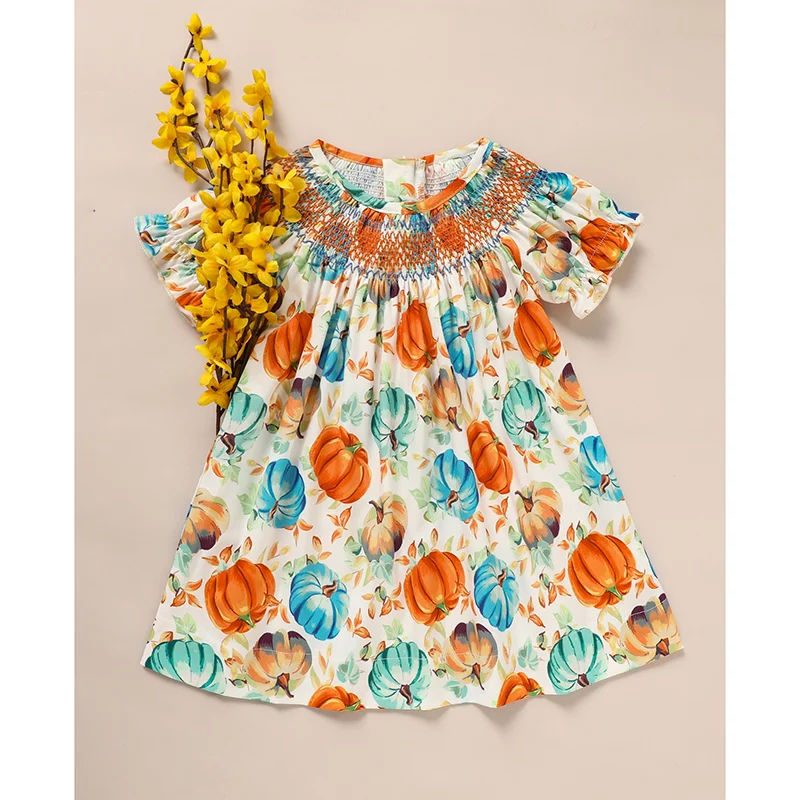 Toddler Baby Girl Pumpkin Smocked Dress Fall Thanksgiving Halloween Embroidered Princess