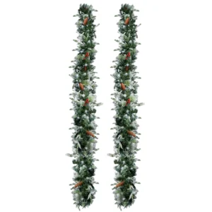 2 Pack 9FT Pre-lit Snow Flocked Christmas Garland, Lighted Artificial Xmas Garland With