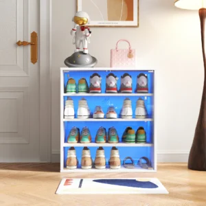 Shoe Box With RGB LED Light, Wooden Stackable Shoe Storage Box With Glass Door, Shoe