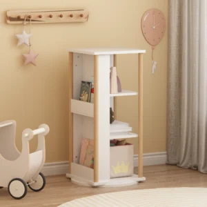 360 Rotating Kids Bookshelf With Chalkboard, 3-Tier Wood Floor Revolving Bookcase & Toy