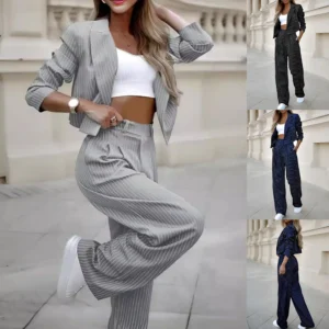 Women's Spring Fashion Striped Suits Casual Lapel Long Sleeve Cropped Top And Straight