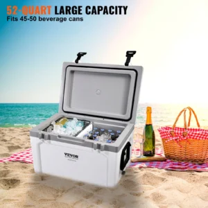 Insulated Portable Cooler, 52 Qt, Holds 50 Cans, Ice Retention Hard Cooler With Heavy