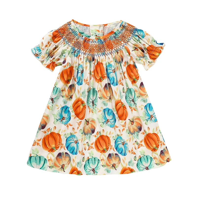 Toddler Baby Girl Pumpkin Smocked Dress Fall Thanksgiving Halloween Embroidered Princess
