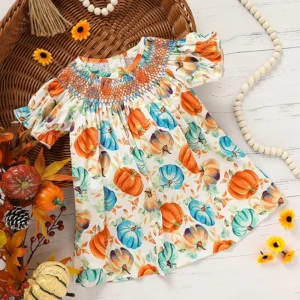 Toddler Baby Girl Pumpkin Smocked Dress Fall Thanksgiving Halloween Embroidered Princess