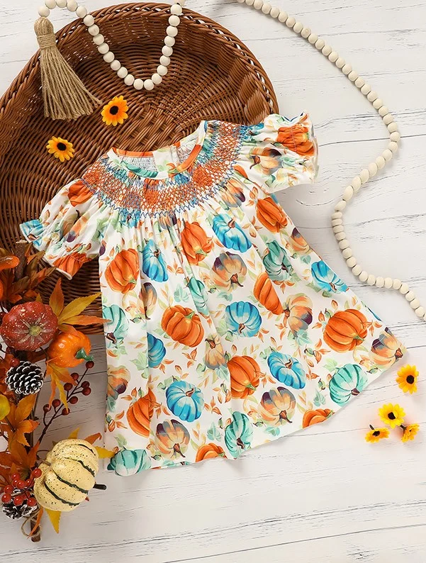 Toddler Baby Girl Pumpkin Smocked Dress Fall Thanksgiving Halloween Embroidered Princess