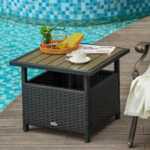 22 Steel PE Rattan Wicker Outdoor Patio Accent Table With Umbrella Hole Brown