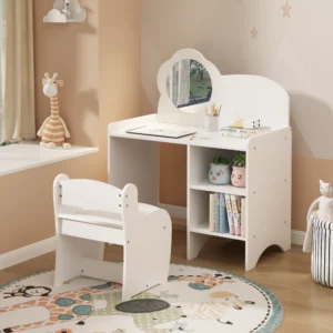 Kids Vanity Table With Mirror And Chair, Wooden Children's Dressing Makeup Desk With