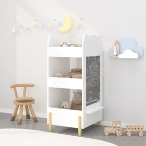 Kids Bookshelf With Chalkboard Side Bear Shaped Wooden Bookcase With 3 Tier Storage