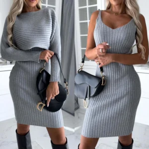 2pcs Suit Women's Solid Stripe Long-sleeved Top And Tight Suspender Skirt Fashion Autumn