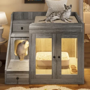 GO Cat Litter Box Enclosure With Light, Hidden Litter Box Furniture With 2 Storage