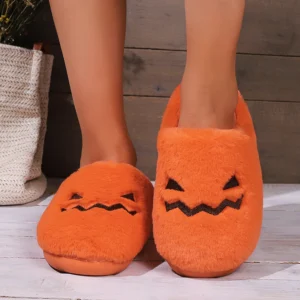 Cute Halloween Pumpkin Slippers Winter Warm Plush Bedroom Floor Home Slippers Casual Slip