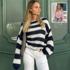 Loose Striped Pullover Sweater Fashion Versatile Long-sleeved Knitted Tops For Women