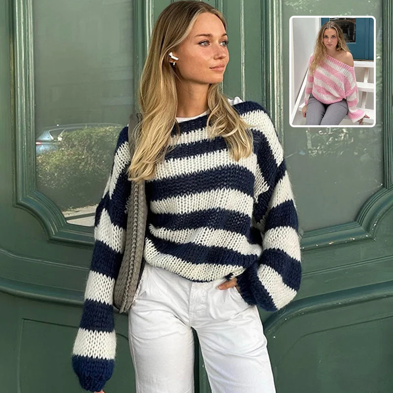 Loose Striped Pullover Sweater Fashion Versatile Long-sleeved Knitted Tops For Women