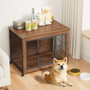 38.6 Dog Crate Furniture With Wheels For Small Dogs, Heavy Duty Dog Kennel Indoor With 2