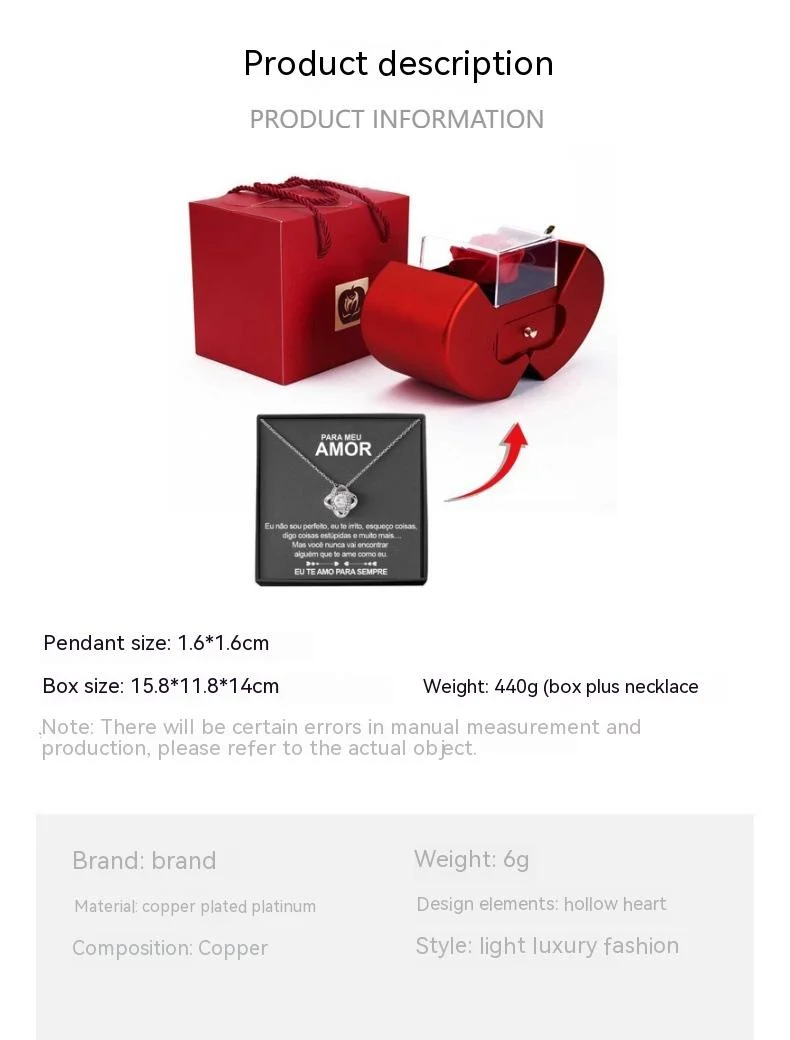Fashion Jewelry Box Red Apple Christmas Gift Necklace Eternal Rose For Girl Mother's Day