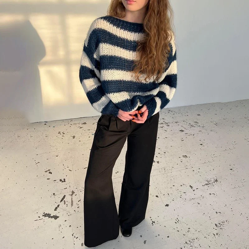 Loose Striped Pullover Sweater Fashion Versatile Long-sleeved Knitted Tops For Women