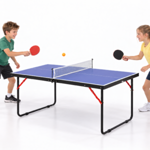 Two kids playing on the folding mid-size ping-pong table