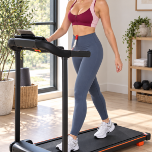 Woman walking on the 2.5 HP folding treadmill in a sunny home gym