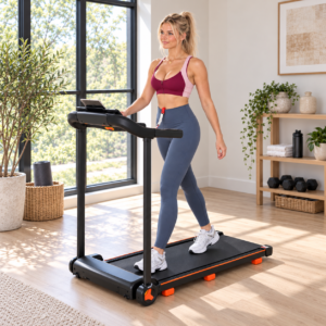 Woman walking on the 2.5 HP folding treadmill in a sunny home gym